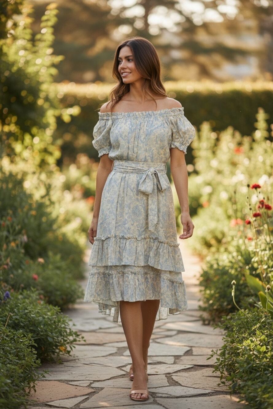Zimmermann Linen Dress in Blue paisley Ruffle Embellishment. Short Sleeve.